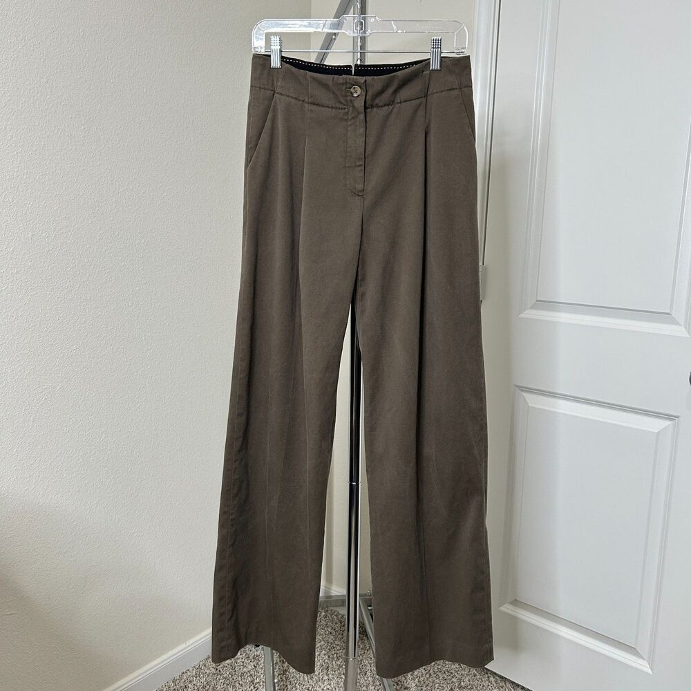 Anthropologie Essential Pants 4 Olive Green Wide Leg Buckle Back Dark Academia